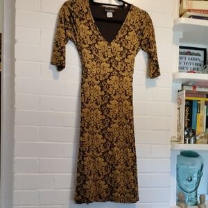 Athleta Brown and Khaki Floral V-Neck Midi Dress